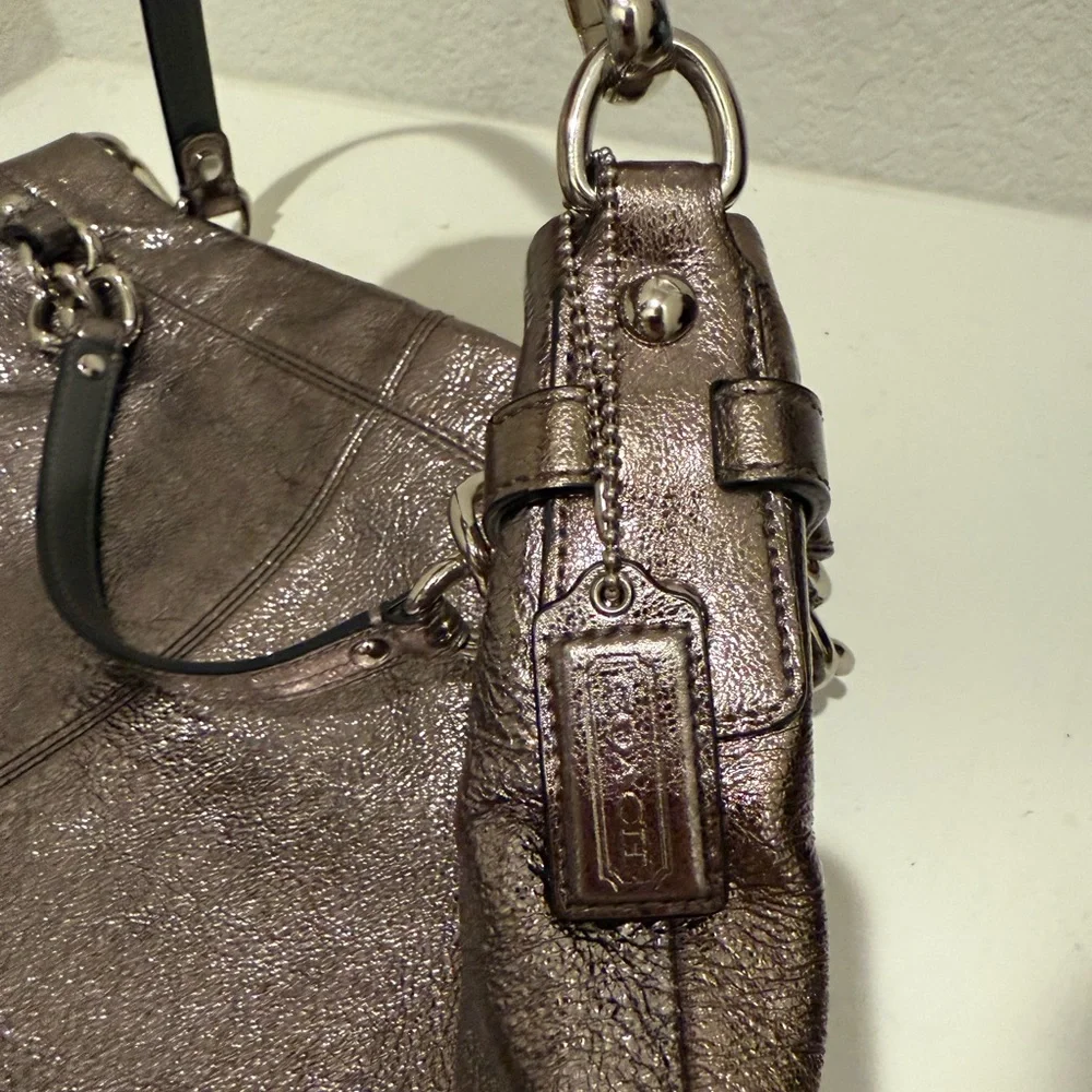 COACH Brooke Large Leather Metallic Gunmetal Silver Hobo Slouchy Bag F16618